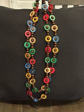 Vintage Bohemian Long Multi-Color Wood & Coconut Shell Disc Strand Neckla